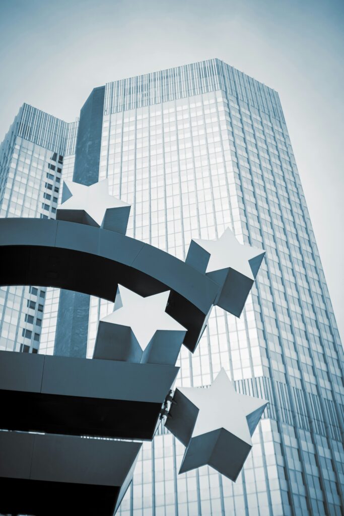 Euro sign in front of European Central Bank in Frankfurt am Main, Germany